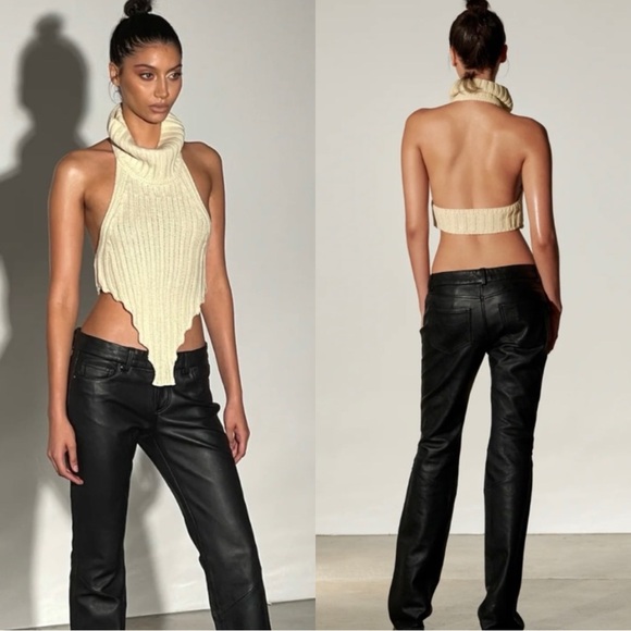 LOCAL EUROPEAN Saro Cream Knit Open Back Turtleneck Sweater Top - Picture 2 of 8